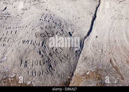 Cutted Names in Petrified Dunes near Costa del Silencio, Tenerife, Canary Islands, Spain Stock Photo
