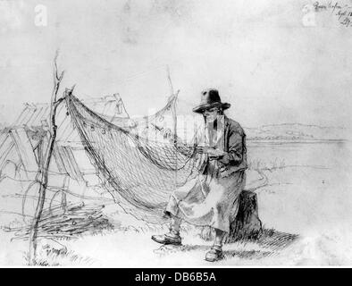 1930’s ビンテージアート Mending Fishing Net Fishing fisherman mending net drawing hi-res stock photography and