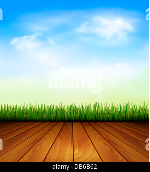 Background with wood and grass. Vector.  Stock Photo