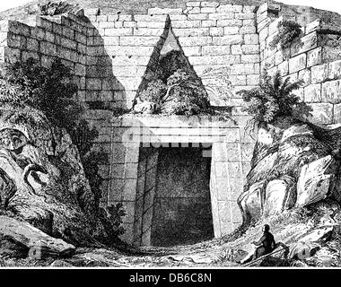 geography / travel, Greece, Mycenae, Treasure of Atreus, exterior view, wood engraving after drawing by Gailhabaud, circa 1890, Additional-Rights-Clearences-Not Available Stock Photo
