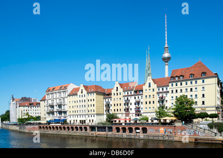 Skyline of Berlin and Spree River at Nikolaiviertel historic district in Mitte Berlin Germany Stock Photo