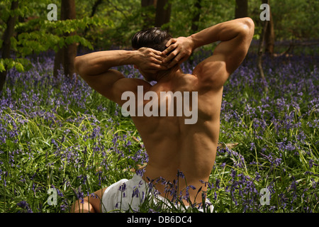 A male model sitting in a lavender field. Stock Photo