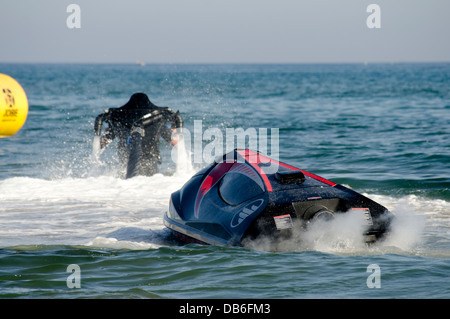 Jetlev, a personal flying machine taking of,  based on a water-propelled jetpack near Marbella, Costa del Sol, Spain. Stock Photo