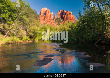 Cathedral Rock at sunset from Oak Creek Canyon in Sedona, Arizona Stock Photo