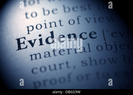 Fake Dictionary, Dictionary definition of the word Evidence. Stock Photo