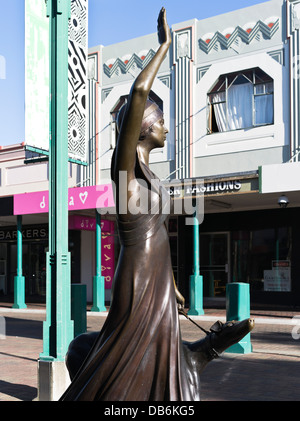 dh Emerson Street NAPIER NEW ZEALAND NZ Art Deco building and lady with dog bronze statue metal statues Stock Photo
