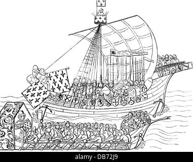 transport / transportation, navigation, warship, French war cog and galley, wood engraving, 19th century, after miniature, chronicle of the Jean Froissart, late 14th century, cog, cogs, sailing ship, sailing ships, galley, galleys, navy, war, wars, ships, ship, sails, square sail, mast, masts, oar, oars, Middle Ages, France, historic, historical, medieval, people, Additional-Rights-Clearences-Not Available Stock Photo