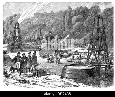 energy,petroleum,drilling derricks,Woodford Well and Phillip's Well,Oil Creek,Venango County,Pennsylvania,wood engraving,19th century,19th century,America,USA,United States of America,drilling derrick,wellhead,boring tower,boring trestle,drill tower,drill rig,drilling derricks,wellheads,boring towers,boring trestles,drill towers,drill rigs,oil extraction,oil production,crude oil,crude naphtha,raw oil,base oil,rock oil,crude petroleum,oil,resource,assign resources,raw material,raw materials,crude materials,settlement,settl,Additional-Rights-Clearences-Not Available Stock Photo