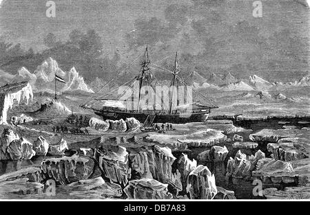 transport / transportation, navigation, steamships, screw steamer 'Germania' in the polar ice, second German north pole expedition 1869 - 1870, wood engraving, 19th century, Additional-Rights-Clearences-Not Available Stock Photo