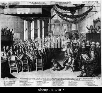 Thirty Years War 1618 - 1648, peace dinner of the elector Karl Gustav of the Palatinate at the Nuremberg city hall, 25.9.1649, copper engraving, by Wolfgang Kilian (1581 - 1663), 1651, 17th century, graphic, graphics, Germany, Nuremberg, celebration, banquet meal, banquets, celebratory banquet, hall, halls, dinner table, dinner tables, chairs, chair, sitting, sit, dinner, eating, eat, standing, drawer, drawers, drawing, sketching, draw, sketch, artist, artists, dog, dogs, ceremony, ceremonies, quietude, peace and quiet, conclusion of peace, peace agree, Artist's Copyright has not to be cleared Stock Photo