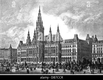 geography / travel, Austria, Vienna, building, New City Hall at Franzensring, built 1872 - 1883, architect: Friedrich von Schmidt, exterior view, wood engraving, circa 1885, architecture, neo-Gothic style, Gothic Revival, street, streets, Ringstrasse, Dr-Karl-Lueger-Ring, Dr - Karl - Lueger - Ring, people, transport, transportation, inner city, midtown, city centre, town centre, urban core, 1st district, Austria-Hungary, Austria - Hungary, Dual-Monarchy, Cisleithania, Central Europe, 19th century, historic, historical, Additional-Rights-Clearences-Not Available Stock Photo