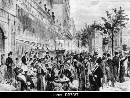 gastronomy, cafes / street cafes, in front of a Parisian coffeehouse, wood engraving, 19th century, 19th century, graphic, graphics, France, coffeehouse, coffee shop, coffee bar, coffeehouses, coffee bars, half length, guest, guests, standing, sitting, sit, conversation, conversations, talks, talk, talking, street scene, street scenes, pedestrian, pedestrians, passer-by, passerby, passers-by, historic, historical, people, Additional-Rights-Clearences-Not Available Stock Photo