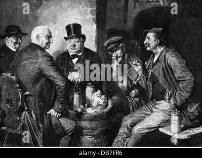 alcohol, beer, 'Gallows humour' (Galgenhumor), after painting, by Eduard von Grützner (1846 - 1925), wood engraving, by Weber, 19th century, Additional-Rights-Clearences-Not Available Stock Photo