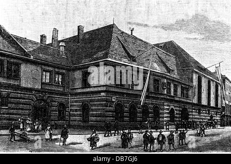 geography / travel, Germany, Munich, gastronomy, 'Hofbräuhaus', state of construction before 1896, exterior view, wood engraving, 19th century, Additional-Rights-Clearences-Not Available Stock Photo