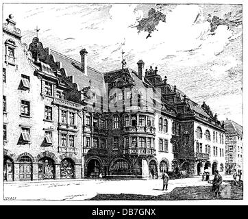 geography / travel, Germany, Munich, gastronomy, new 'Hofbräuhaus', built by: Heilmann & Littmann, 1896 / 1897, exterior view, wood engraving, 19th century, Additional-Rights-Clearences-Not Available Stock Photo