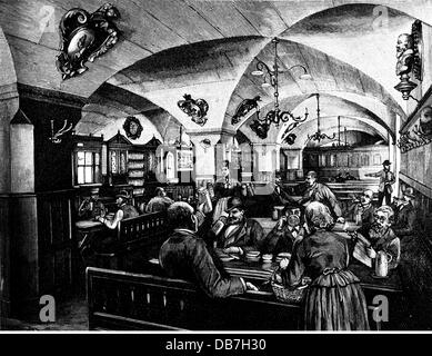 geography / travel, Germany, Munich, gastronomy, old 'Hofbräuhaus', interior view, after drawing by Reinhold Schmidt, wood engraving, before 1890, Additional-Rights-Clearences-Not Available Stock Photo