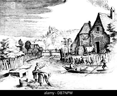 household, washing, laundry at the river, by Matthäus Merian the Elder (1593 - 1650), copper engraving, Strasbourg, 1620, Artist's Copyright has not to be cleared
