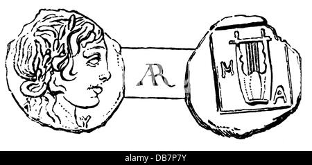 money / finances, coins, ancient world, Greece, coin with image of the God Apollo and lyra, from Roman times, Myra, wood engraving, 19th century, ancient world, ancient times, Greek, Grecian, Roman, Lycia, numismatics, religion, religions, Apollo, laurel wreath, laurel wreaths, laurel, music, musical instrument, instrument, musical instruments, instruments, lyra, coin, coins, God, Gods, deity, divinity, deities, historic, historical, male, man, ancient world, people, men, Additional-Rights-Clearences-Not Available Stock Photo