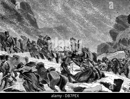 Peninsula War 1807 - 1814, the French army under Emperor Napoleon I. crossing the Sierra de Guadarrama, 1808, wood engraving, 19th century, Bonaparte, France, Spain, campaign, campaigns, soldiers, soldier, Napoleonic Wars, snow, snow storm, snowstorm, snow blast, snow storms, snowstorms, snow blasts, whiteout, storm, storms, weather, weathers, mountains, mountain, historic, historical, people, Additional-Rights-Clearences-Not Available Stock Photo