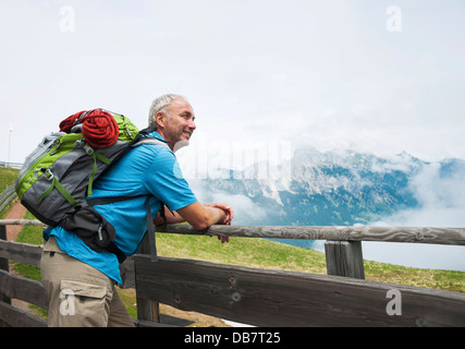 Hiker at the Gundhuette alpine cabine Stock Photo