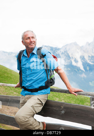 Hiker at the Gundhuette alpine cabine Stock Photo