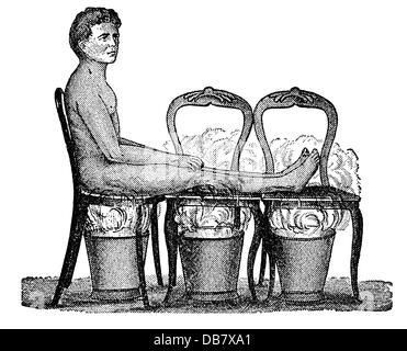 medicine, treatment, steam baths, cane chair steam bath for sitting, wood engraving, from: Friedrich Eduard Bilz, New Naturopathic Treatment, Leipzig, Germany, 1902, Additional-Rights-Clearences-Not Available Stock Photo