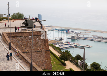 Artillery guns on Montjuic Castle overlooking Barcelona Harbour Stock Photo