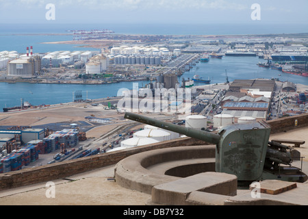 Artillery guns on Montjuic Castle overlooking Barcelona Harbour Stock Photo