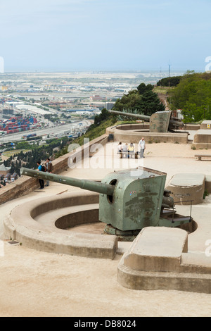 Artillery guns on Montjuic Castle overlooking Barcelona Harbour Stock Photo