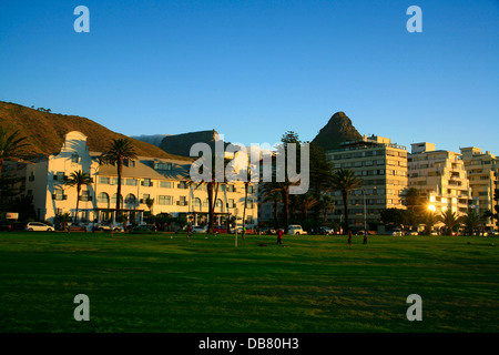 South Africa - Cape Town Table Mountain Lions Head mountains Cape Winchester Mansions Hotel on Sea Point beachfront sunset Stock Photo