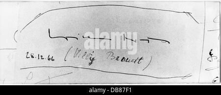 Brandt, Willy, 18.12.1913 - 8. 10.1992, German politician (SPD), Federal Minister of Foreign Affairs 1.12.1966 - 20.10.1969, signature, 28.12.1966, Stock Photo