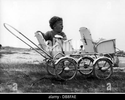 people, child / children, prams / barrows, child in twin pram, circa 1960, Additional-Rights-Clearences-Not Available Stock Photo