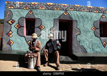 making music in Basotho Cultural Village in Golden Gate Highlands National Park, Free State, South Africa Stock Photo