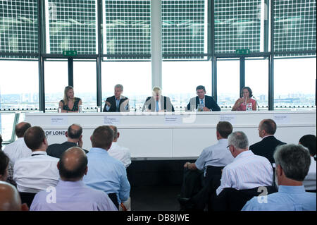 London, UK - 25 July 2013: (From left to right) Anna Watking, Team GB; Commercial Secretary to the Treasury and former LOCOG CEO, Lord Paul Deighton; Mayor of London, Boris Johnson; Minister for Sport and Tourism, Rt Hon Hugh Robertson;  Paralympics GB sitting volleyball team, Martine Wright examine a range of legacy issues including: the future of the Olympic Park; investment into the capital post-Games; the regeneration of East London; tourism; transport; accessibility and sporting legacy. Credit:  Piero Cruciatti/Alamy Live News Stock Photo