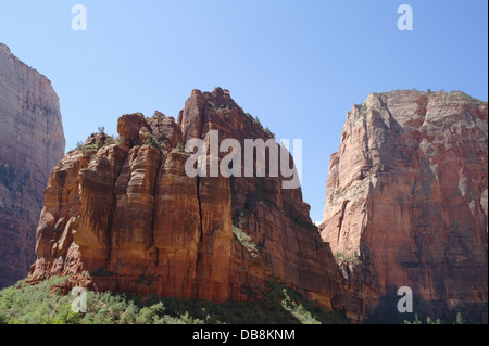 Blue sky view, from Scenic Drive, rock joints 'The Organ' and 'Angels Landing', above green trees, 'Big Bend', Zion Canyon, Utah Stock Photo
