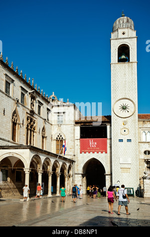 Main street Stadrun, Sponza Palace and Bell Tower in Luza Square , Old Town, Dubrovnik. Croatia. Stock Photo