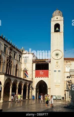 Main street Stadrun, Sponza Palace and Bell Tower in Luza Square , Old Town, Dubrovnik. Croatia. Stock Photo