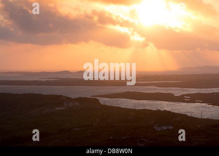 View over Connemara coast from Sky Road near Clifden at sunset County Galway Eire Republic of Ireland Stock Photo