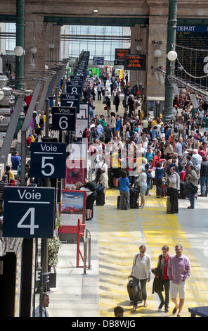 View along the entrance to train platforms in Gare de Nord, Paris, France. Stock Photo