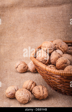 Unshelled walnut lying on sackcloth Stock Photo