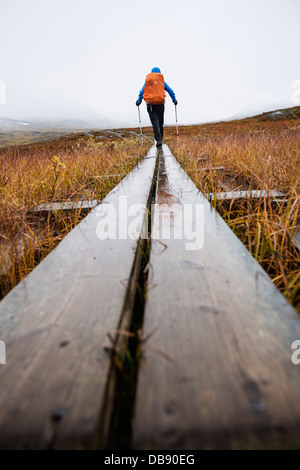 Female hiker walks along wooden planks in Tjäktjavagge on Kungsleden trail, Lappland, Sweden Stock Photo