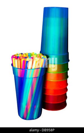 Colorful straws and cups isolated on white background with clipping path. Stock Photo