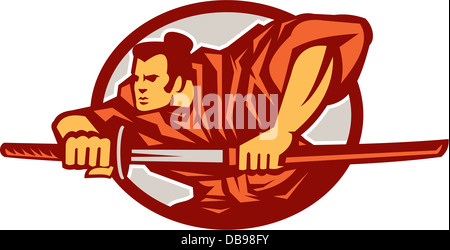 Illustration of a Samurai warrior drawing katana sword in fighting stance set inside oval done in retro style Stock Photo