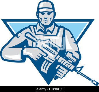 Illustration of an American soldier serviceman with assault rifle facing front set inside inverted triangle. Stock Photo