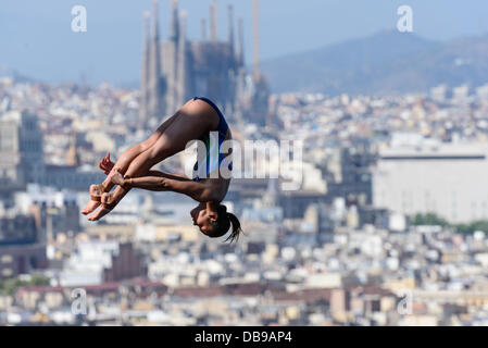 Barcelona, Spain. 25th July 2013: Malaysia's Pandelela Rinong Pamg performs a dive at the Women's 10m platform final during the World Swimming Championships at the Montjuic municipal pool in Barcelona Stock Photo