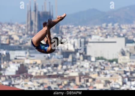 Barcelona, Spain. 25th July 2013: Malaysia's Pandelela Rinong Pamg performs a dive at the Women's 10m platform final during the World Swimming Championships at the Montjuic municipal pool in Barcelona Stock Photo