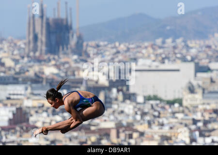 Barcelona, Spain. 25th July 2013: Malaysia's Pandelela Rinong Pamg performs a dive at the Women's 10m platform final during the World Swimming Championships at the Montjuic municipal pool in Barcelona Stock Photo