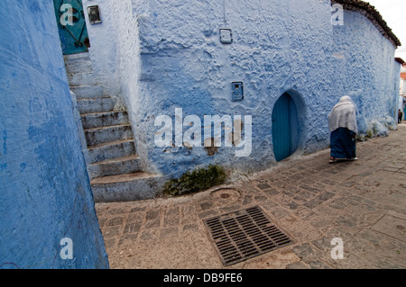 Blue painted houses in the medina of Chefchaouen, Rif region, Morocco Stock Photo