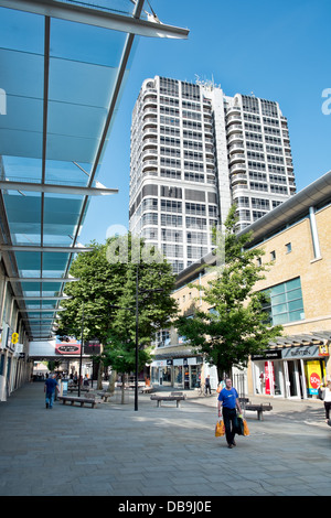 A view of Canal walk in Swindon town centre, Wiltshire, England including shoppers, shops & the David Murray John building Stock Photo