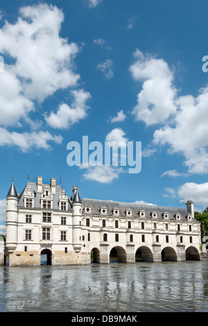 A portrait view of Château Chenonceau in the Loire valley, France showing the  main building spanning the river Stock Photo